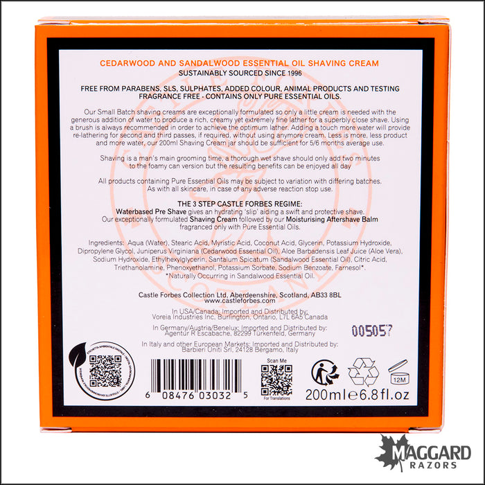 Castle Forbes Cedarwood and Sandalwood Essential Oil Shaving Cream, 200ml