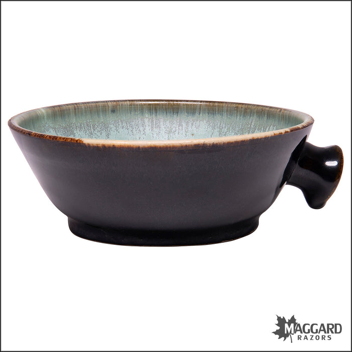 Heather Wright 2024-016 Black and Green Handmade Ceramic Lather Bowl with Thumb Handle