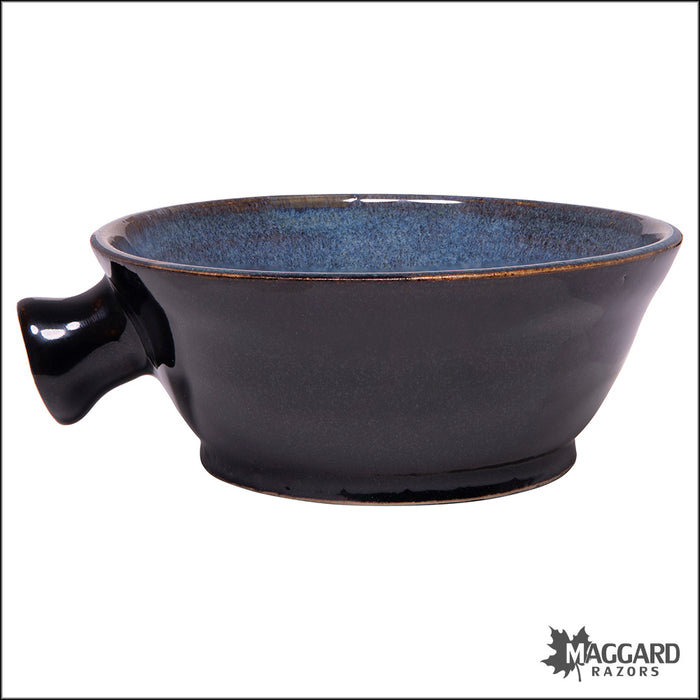 Heather Wright 2024-018 Black and Blue Handmade Ceramic Lather Bowl with Thumb Handle