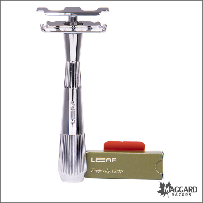 Leaf Thorn Single Edge Fixed Head Razor, with Starter Blades - Polished Chrome