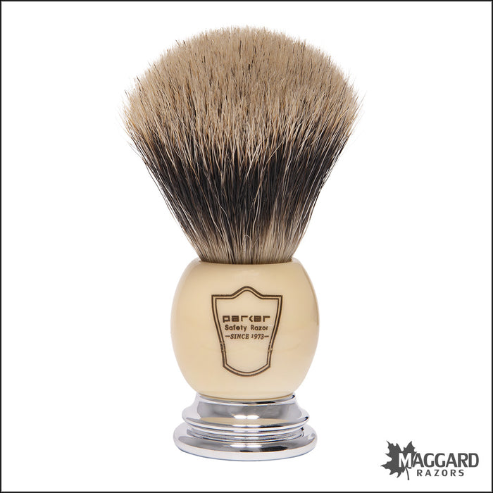 Parker WCPB Pure Badger Shaving Brush with Stand - White Resin Handle with Chrome Base, 22mm