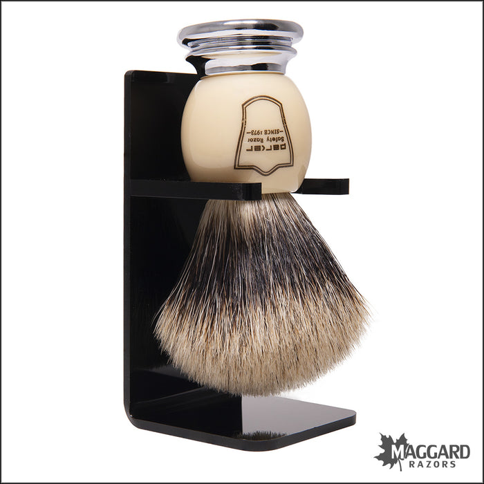 Parker WCPB Pure Badger Shaving Brush with Stand - White Resin Handle with Chrome Base, 22mm