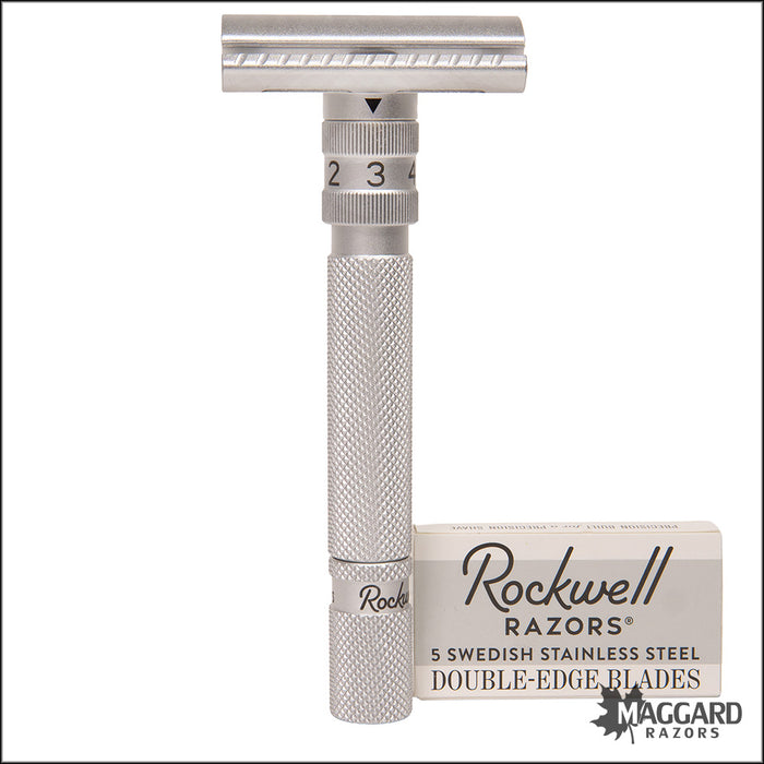 Rockwell Razors SETPOINT™ Adjustable 2-Piece Machined DE Safety Razor, Silver Aluminum