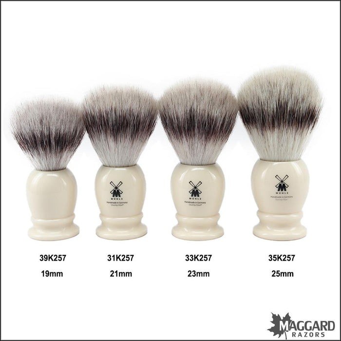 Muhle-Silvertip-Fiber-Brush-Comparison-sizes-19mm-21mm-23mm-25mm-Ivory-Handle