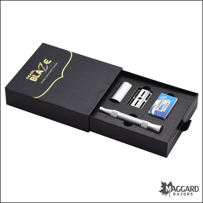 Pearl Shaving Blaze Machined DE Safety Razor with Blades and Washers - Satin Finish