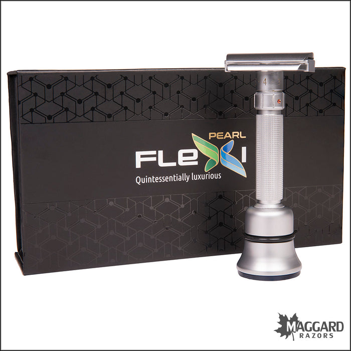 Pearl Shaving Flexi Adjustable Machined DE Safety Razor with Stand, Matte Finish