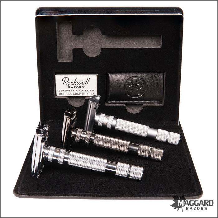 Rockwell Razors T2 Adjustable Twist to Open DE Safety Razor, Brushed Chrome