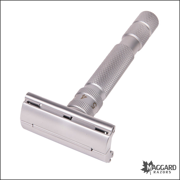 Rockwell Razors T2 Adjustable Twist to Open DE Safety Razor, Brushed Chrome
