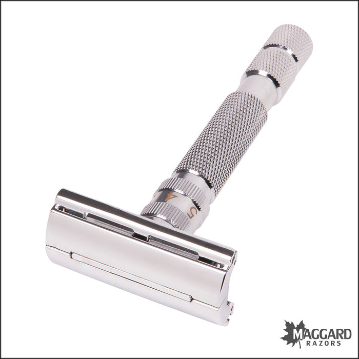 Rockwell Razors T2 Adjustable Twist to Open DE Safety Razor, White Chrome