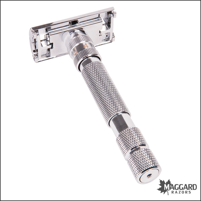 Rockwell Razors T2 Adjustable Twist to Open DE Safety Razor, White Chrome