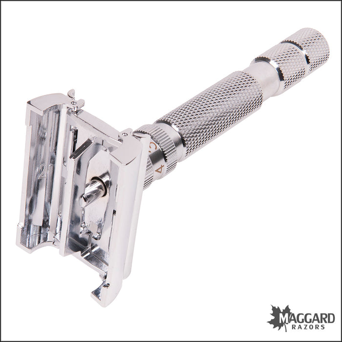 Rockwell Razors T2 Adjustable Twist to Open DE Safety Razor, White Chrome